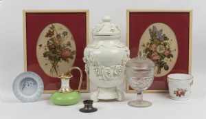 Two floral prints, glass bon bon dish, Spanish porcelain urn, silver inkwell, etc. (8 items)