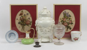 Two floral prints, glass bon bon dish, Spanish porcelain urn, silver inkwell, etc. (8 items)