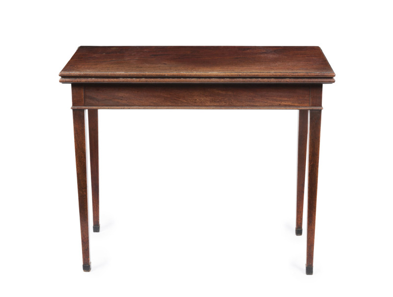 A Georgian mahogany fold-over tea table with square tapering legs, circa 1800, 75cm high, 91cm wide, 44cm (extends to 88cm) deep