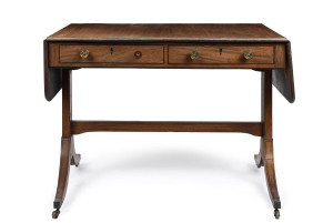 An antique English mahogany sofa table with drop-sides, circa 1820, 70cm high, 95cm (extends to 145cm) wide, 64cm deep