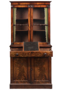 An antique dwarf bookcase secretaire, finely selected flame mahogany fronts with fold out writing slope and compartments, early 19th century, ​177cm high, 85cm wide, 40cm deep - 2