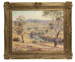 JAMES WILMOT (Australian), Murrumbidgee River at Jugiong, N.S.W., oil on canvas, signed lower left "James Wilmot", with accompanying Sedon Art Gallery receipt, Melbourne. Dated October, 1962 for 125 guineas, in a fine period gilt frame, 60 x 75cm