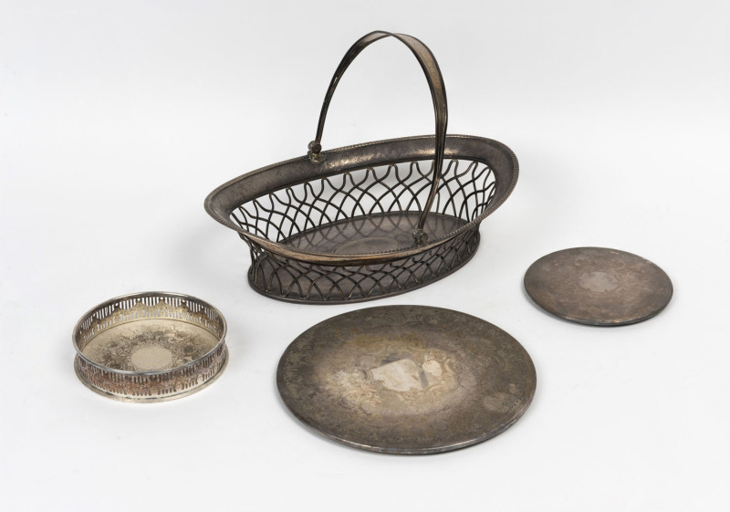Silver plated bread basket, champagne bottle holder and two silver plated coasters, 19th and 20th century, the bread basket 30cm wide