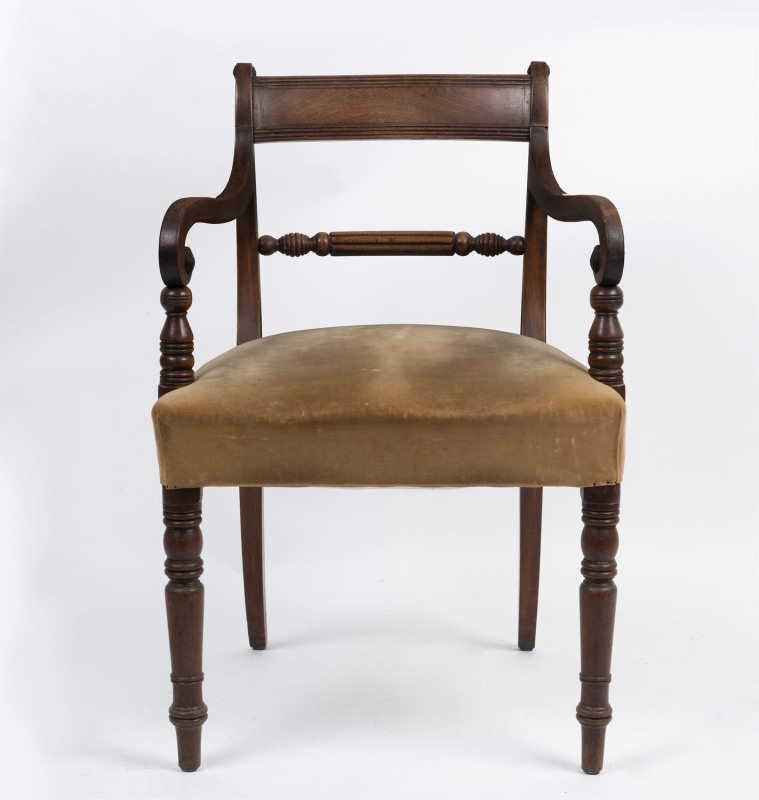 A Regency mahogany carver chair, circa 1820, 54cm across the arms