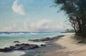 BENNETT BRADBURY (American, 1914-1991), beach scene, Hawaii, oil on canvas, signed lower right "Bennett Bradbury", with accompanying Royal Gallery, Hawaii paperwork, 57 x 90cm