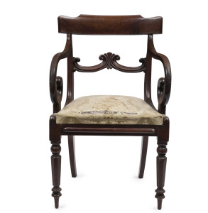 A William IV mahogany carver chair with tapering octagonal form legs, circa 1835, 54cm across the arms