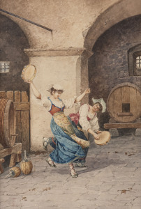 ARTIST UNKNOWN, I.) women dancing in a courtyard, II.) the musician and the gentleman, a pair of watercolours, signed (indistinctly) lower left, both 32 x 22cm. Both in Paul Vacani gilt frames.