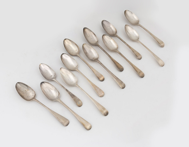 Twelve antique sterling silver spoons, Georgian and early Victorian, 22cm long, 740 grams