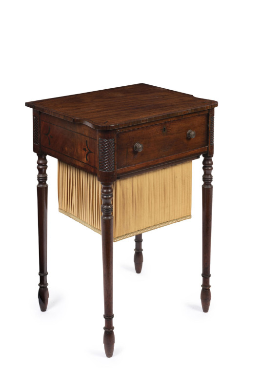 A fine Georgian mahogany work table with ebony inlay and pleated silk undercarriage, circa 1800, ​77cm high, 56cm wide, 46cm deep