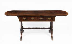 A Georgian style drop-side sofa table, flame mahogany with brass handles, early 20th century, 70cm high, 94cm (extends to 172cm) wide, 53cm deep