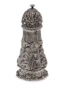 An antique sterling silver sugar caster, marks rubbed (illegible), 12cm high, 115 grams