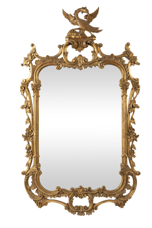 An antique Chippendale style gilt framed mirror with griffin finial, 19th/20 century, 140 x 80cm