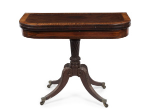 An exceptional Georgian fold-over card table, mahogany and satinwood with ornately turned and carved undercarriage, circa 1800, 72cm high, 91cm wide, 45cm (extends to 90cm) deep