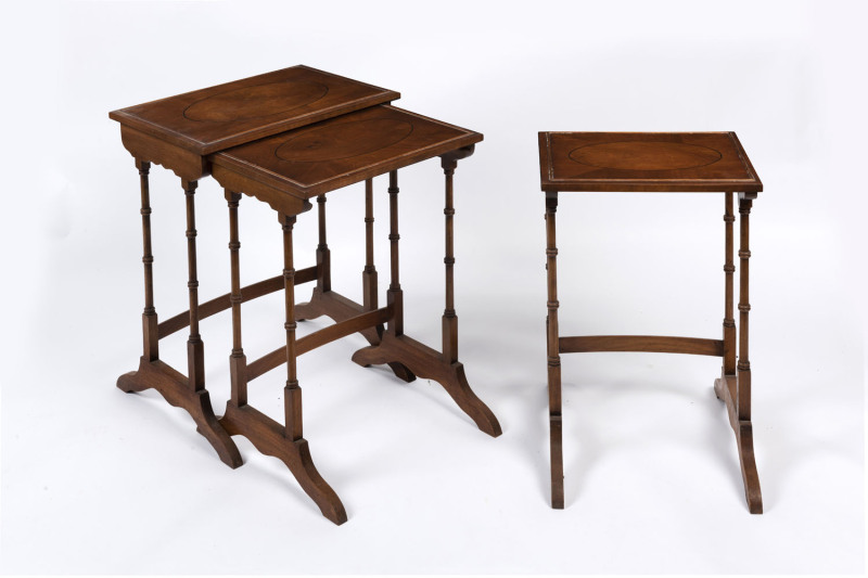 A nest of three tables, mahogany with ebony string inlay and bamboo form legs, early 20th century, 60cm high, 48cm wide, 33cm deep