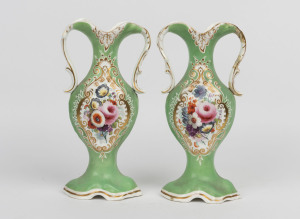 A pair of antique soft-paste porcelain mantel vases with hand-painted floral vignettes on green ground, circa 1835, 27cm high