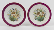 A pair of antique English cabinet plates with hand-painted floral scenes, mid 19th century, 23cm diameter