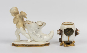 MOORE BROTHERS waterlily vase together with a cherub cornucopia vase, 19th century, (2 items), factory mark to waterlily vase, 10cm and 18cm high