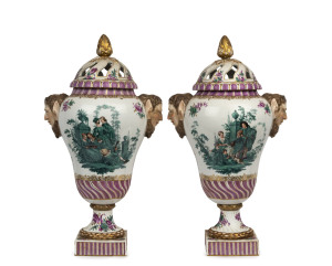 K.P.M. pair of impressive German porcelain potpurri mantel urns with fawn mask head decoration and hand-painted court scenes, 19th century, signed in underglazed blue "K.P.M." 52cm high