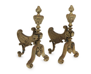 A fine pair of Rococo style andirons, cast brass, 19th century, 41cm long