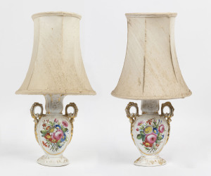 A pair of antique English soft-paste porcelain vases converted into electrified table lamps with shades, 40cm overall