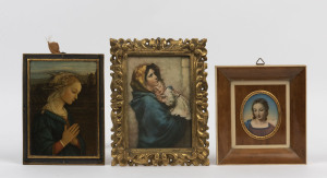A painted female portrait on ivory in timber and ivory frame, a lithograph portrait print in Florentine frame and a Renaissance style portrait print, 20th century, (3 items), the largest 18 x 14cm overall
