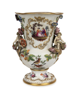 An antique English porcelain mantel vase decorated with applied flowers and figures, most likely Derby, circa 1825, 37cm high, 29cm wide