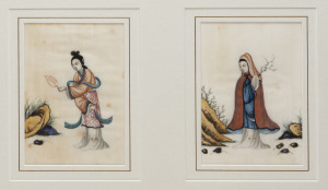 A pair of antique Chinese portraits of ladies, hand-painted on silk, ​framed together as a diptych, images 15 x 11cm each, 32 x 45cm overall
