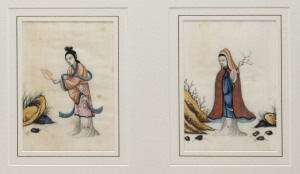 A pair of antique Chinese portraits of ladies, hand-painted on silk, framed together as a diptych, images 15 x 11cm each, 32 x 45cm overall