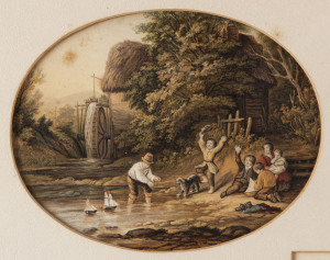 A pair of antique oval lithographic prints titled "The Pedler" and "The Millstream Towing The Prize", 19th century, framed and glazed, both 23 x 27cm overall