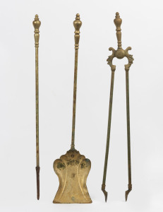 A set of three antique brass fire irons and a brass fire curb, late 19th century, (4 items), 60cm high