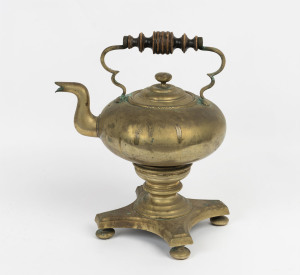 An antique brass spirit kettle with turned wooden handle, early to mid 19th century, 35cm high