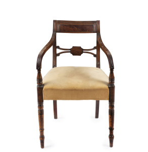A Georgian mahogany carver chair with fine ring turned legs and arm supports, circa 1800, 53cm across the arms