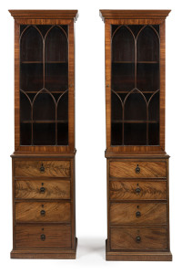 A rare pair of antique English Hepplewhite mahogany bookcases, 18th century, unusual slim proportions with flame mahogany drawer fronts, cockbeading and astragal glazed doors with adjustable shelving. With accompanying documentation from Windsor Antiques,