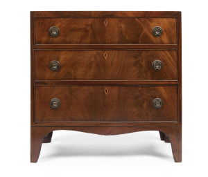 A Georgian three drawer chest, flame mahogany with ebony inlay and pine secondary timbers, circa 1790, 81cm high, 82cm wide, 42cm deep