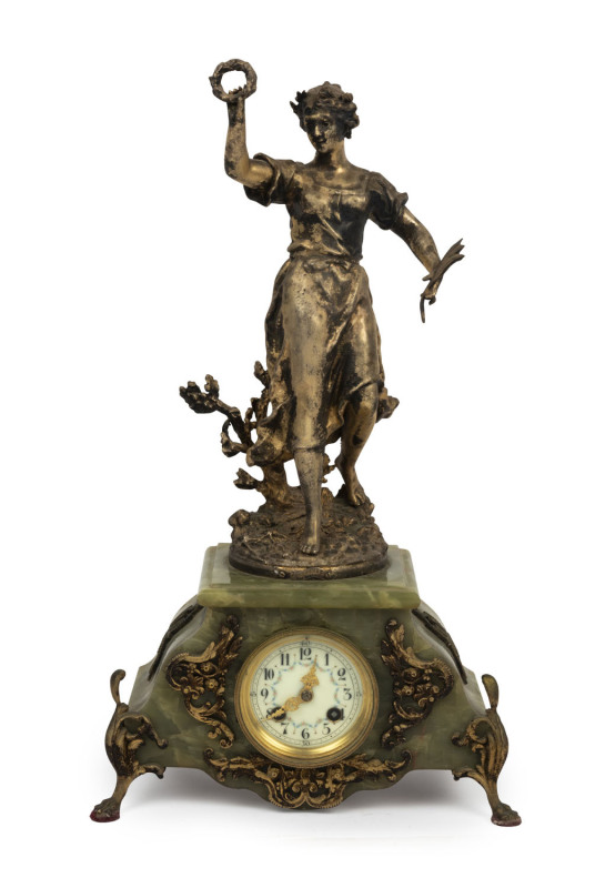 A French antique figural mantel clock titled "RECOMPENSE", with 15 day time and strike movement in green onyx case adorned with silver gilt mounts, 19th century, 51cm high