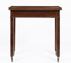 A Georgian mahogany fold-over tea table with square legs and original brass casters, circa 1800, 71cm high, 68cm wide, 32cm (extends to 64cm) deep