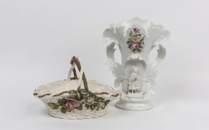 An antique porcelain basket with applied floral decoration and a soft-paste mantel vase with hand-painted floral spray, 19th century, the vase 28cm high