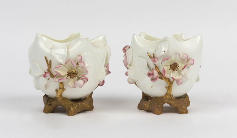 MOORE BROTHERS pair of antique English porcelain vases with applied floral decoration, 19th century, brown factory marks to bases, 9cm high, 10cm wide