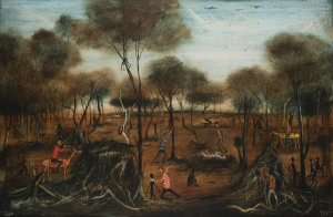 KEVIN CHARLES (PRO) HART (1928-2006), (miners' revenge, Broken Hill), oil on board, signed and dated "Pro Hart, 1964", with accompanying hand-written note detailing the provenance and an explanation for the story. This work is from Pro Hart's first solo exhibition which was held in Adelaide and focused on historical events in the BROKEN HILL area. This painting refers to a gruesome event that unfolded when the local Indigenous men killed a sheep and in retaliation the miners massacred 14 members
