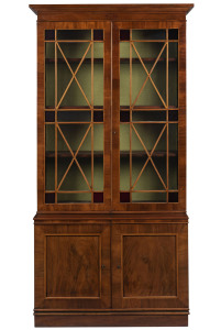 An antique Sheraton bookcase, flame mahogany with astragal glazed doors, 19th century, 214cm high, 111cm wide, 42cm deep