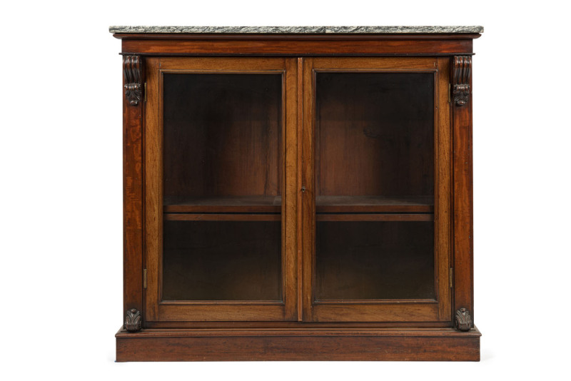 An antique English mahogany bookcase with marble top, 19th century, 109cm high, 122cm wide, 38cm deep