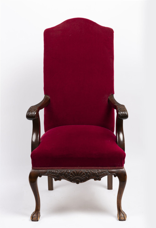 A Chippendale style armchair, carved walnut with claw feet and red velvet upholstery, early 20th century, an imposing 128cm high, 68cm across the arms