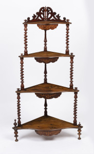 An antique corner four tier wotnot, burr walnut with marquetry inlay and barley twist columns, circa 1885, 118cm high, 63cm wide, 35cm deep