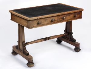 An antique English mahogany library table with insert leatherette top and stretcher base, early to mid 19th century, 72cm high, 100cm wide, 58cm deep