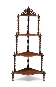 A Colonial Australian cedar four tier corner wotnot, circa 1885, 125cm high, 55cm wide, 35cm deep