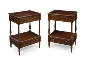 A pair of Georgian style mahogany bedside tables, mid 20th century, ​70cm high, 50cm wide, 40cm deep
