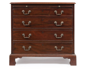 An antique mahogany chest of four drawers with brushing slide and brass swing handles, 18th/19th century, 81cm high, 89cm wide, 58cm deep