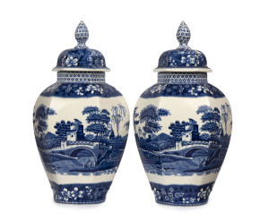 SPODE pair of English porcelain blue and white "Blue Tower" lidded mantel vases, 20th century, black factory mark to base, 33cm high