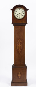 A Sheraton revival granddaughter clock with German three train quarter striking spring driven movement striking on rods, housed in a fine mahogany marquetry inlaid case, early 20th century, 130cm high, 27cm wide, 20cm deep