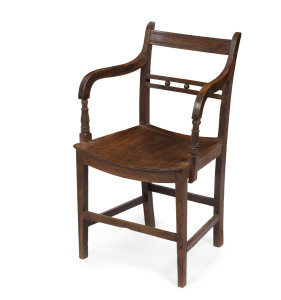 An antique English mahogany carver chair with timber seat, circa 1830, 50cm across the arms